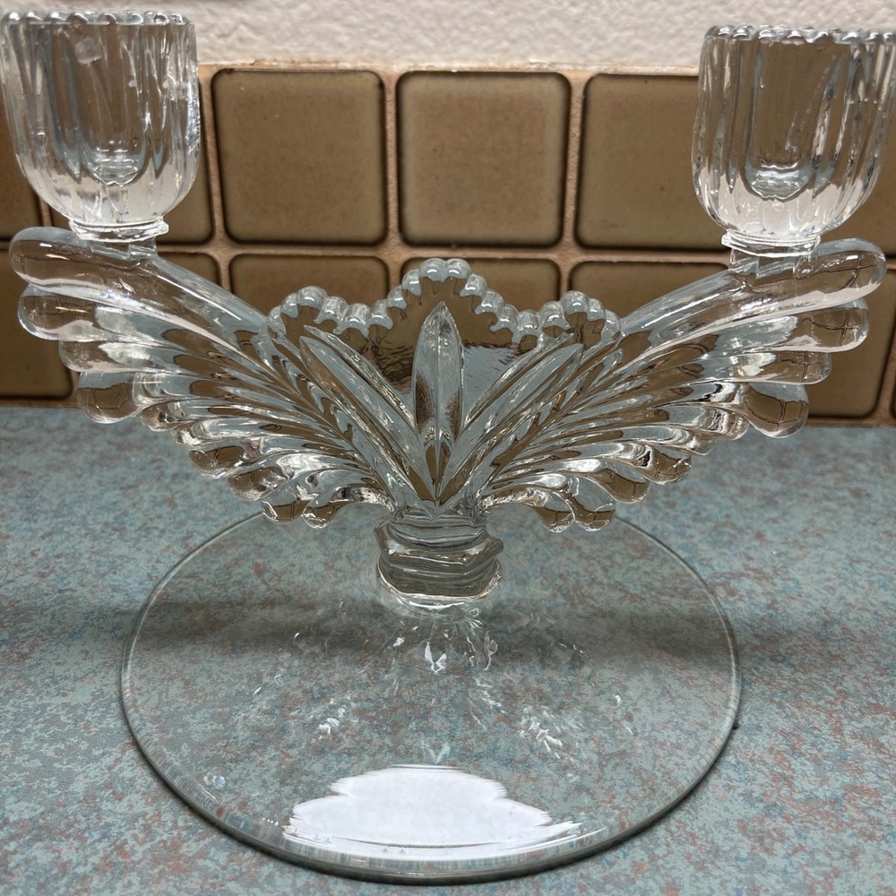 Clear Glass Crystal Candlestick Holder Two Light Vintage Ornate Leaf‎ Design